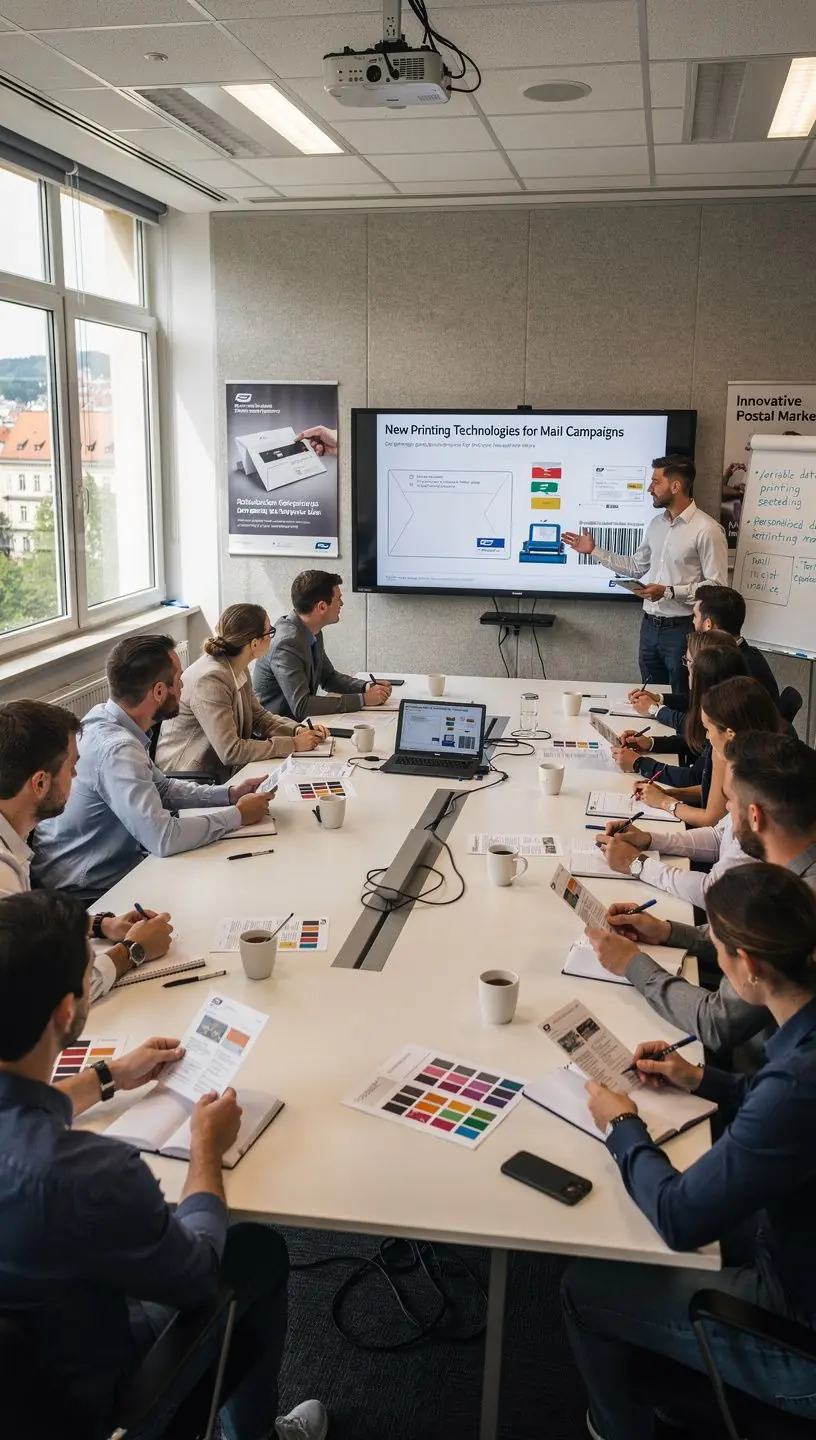 Skupina lidí rozbalující reklamní materiály z poštovní kampaně.