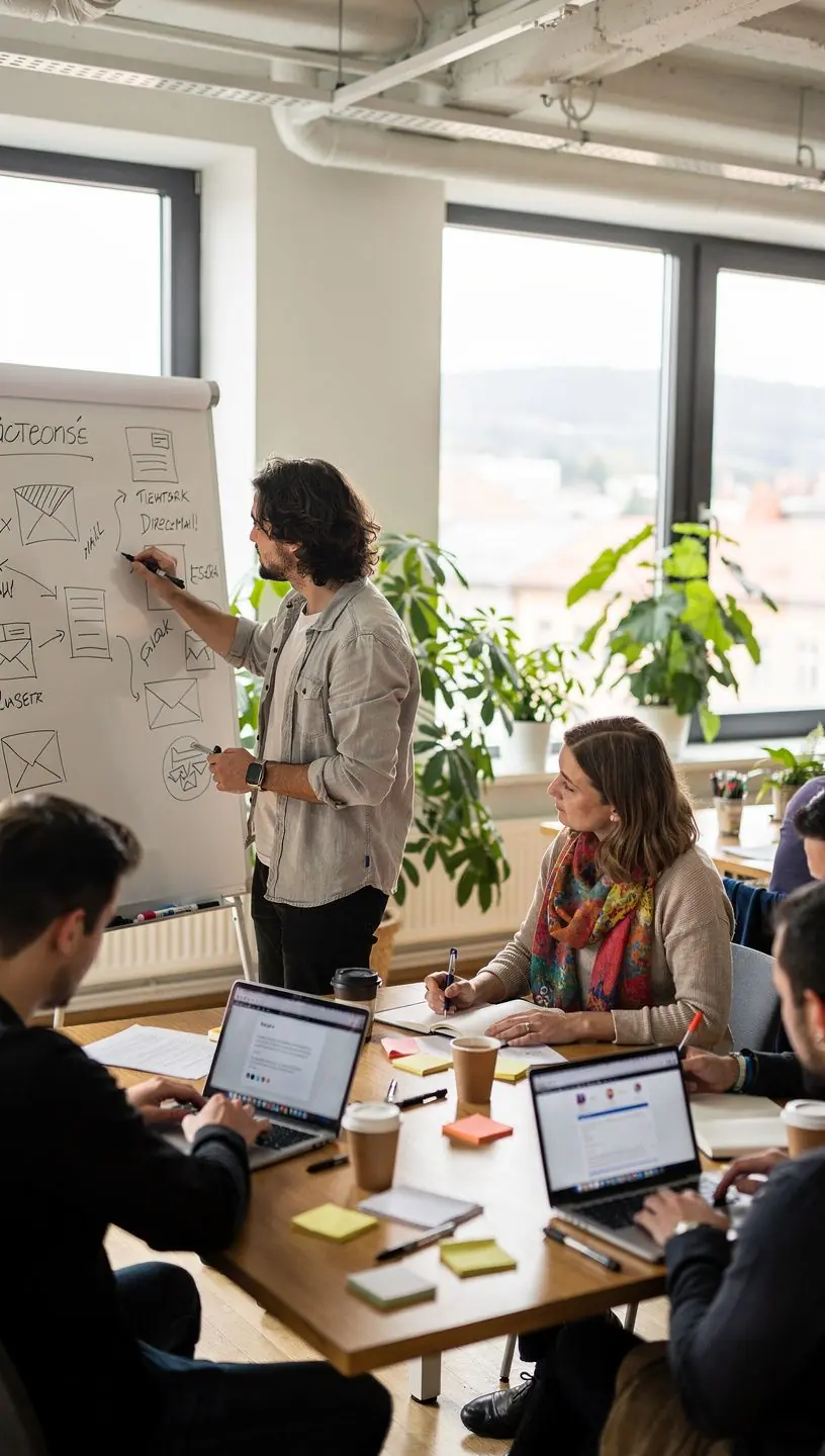 Ilustrace procesu distribuce poštovních zásilek od návrhu až po doručení.